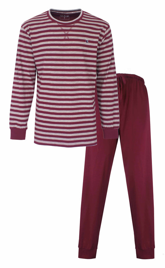 Rood-wit gestreepte pyjama met lange mouwen en bijpassende effen rode broek voor heren.