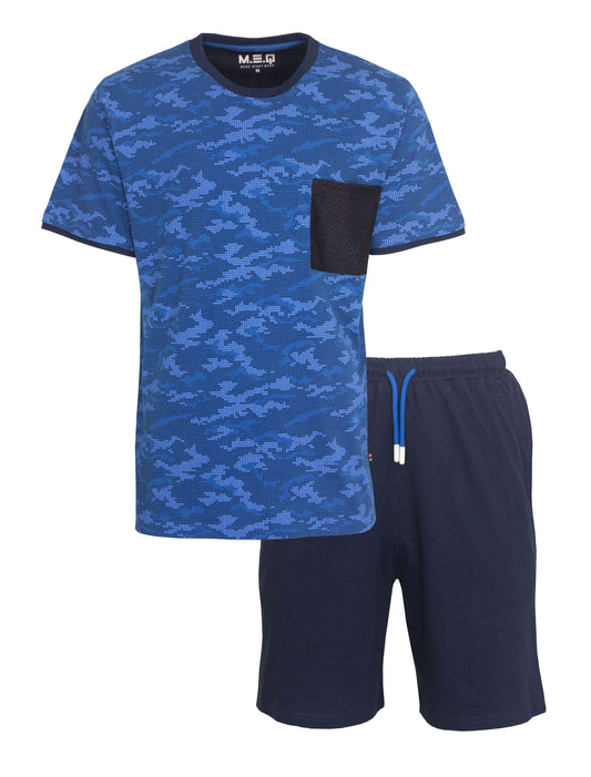 Blauwe heren shortama set met camouflageprint op shirt, zwarte borstzak en donkerblauwe korte broek