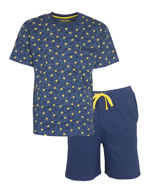 Blauwe heren shortama met gele sterrenprint op shirt en effen blauwe shorts met geel trekkoord