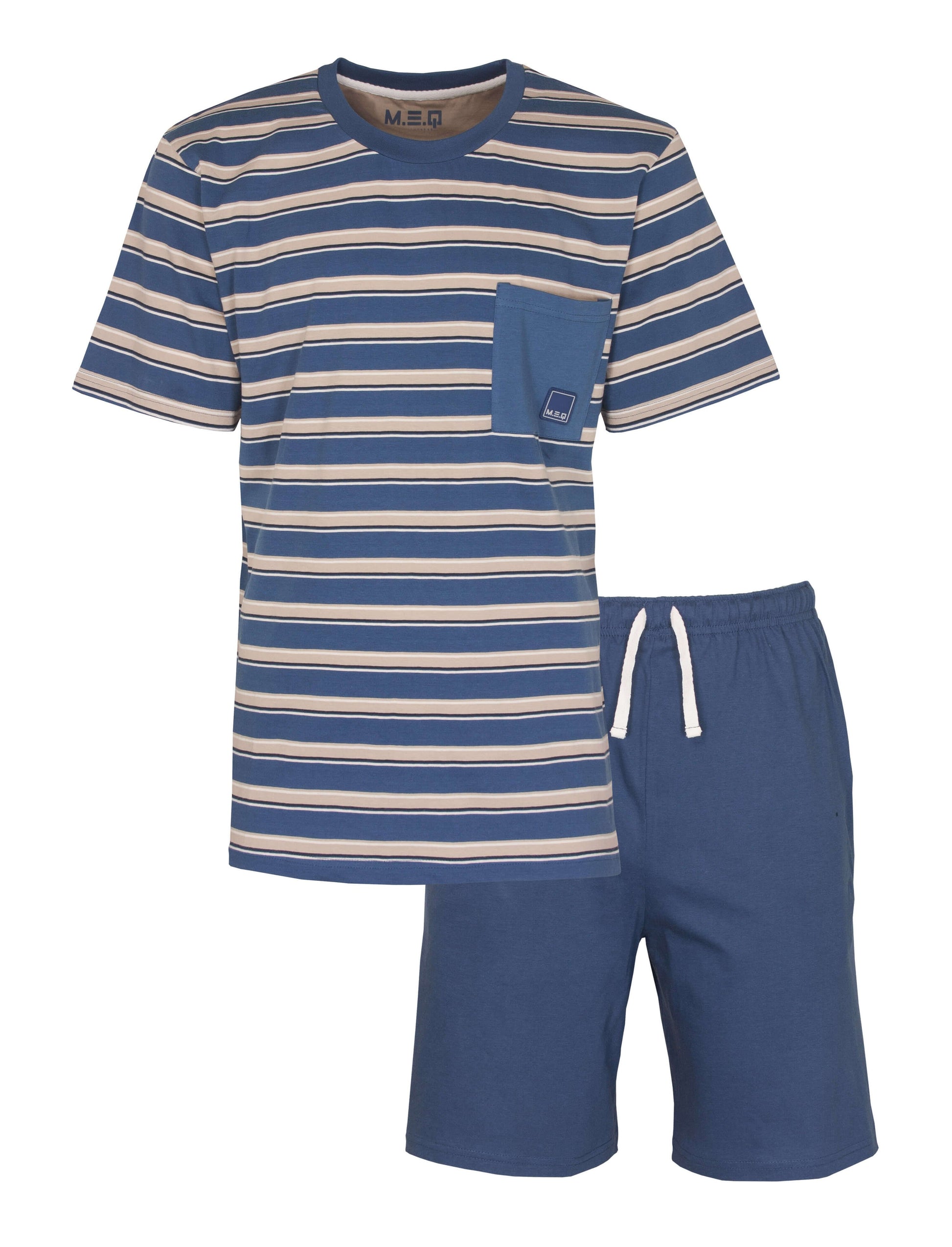 Blauwe gestreepte heren shortama set met korte mouwen en bijpassende korte broek, gemaakt van katoen