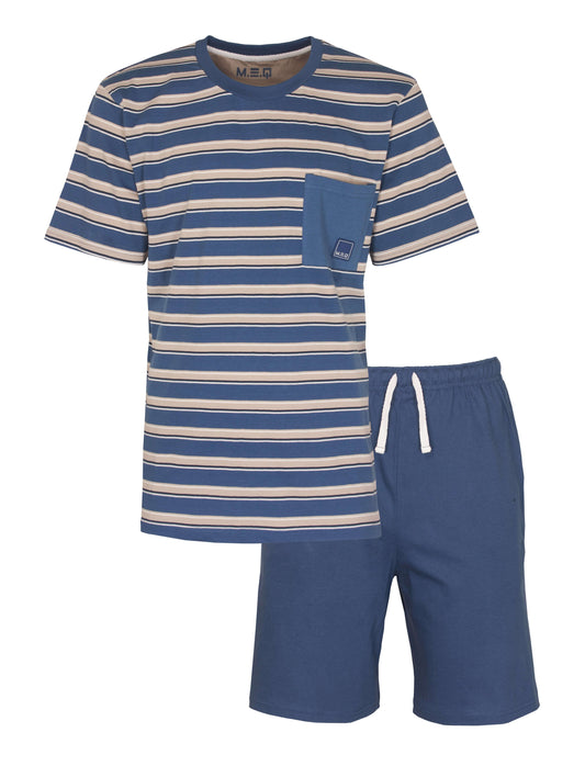 Blauwe gestreepte heren shortama set met korte mouwen en bijpassende korte broek, gemaakt van katoen