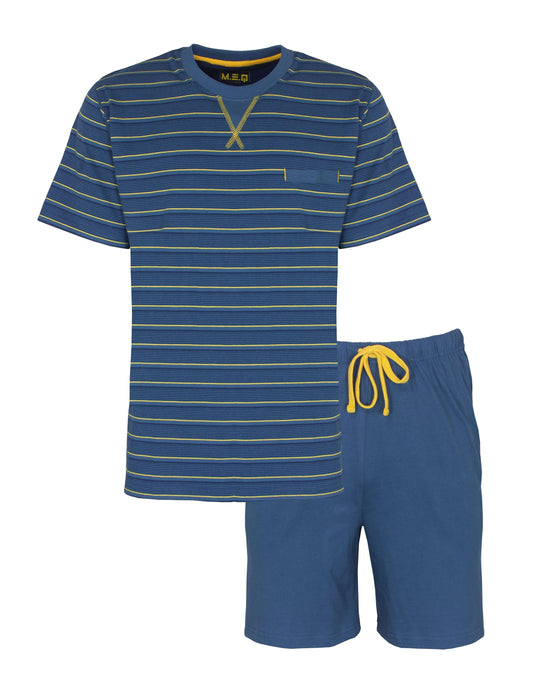 Blauwe gestreepte heren shortama set met gele accenten, bestaande uit een T-shirt en korte broek