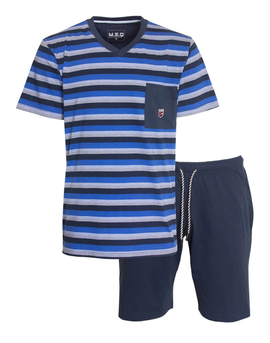 Gestreepte blauwe heren pyjama set met V-hals shirt en effen korte broek, gemaakt van 100% katoen