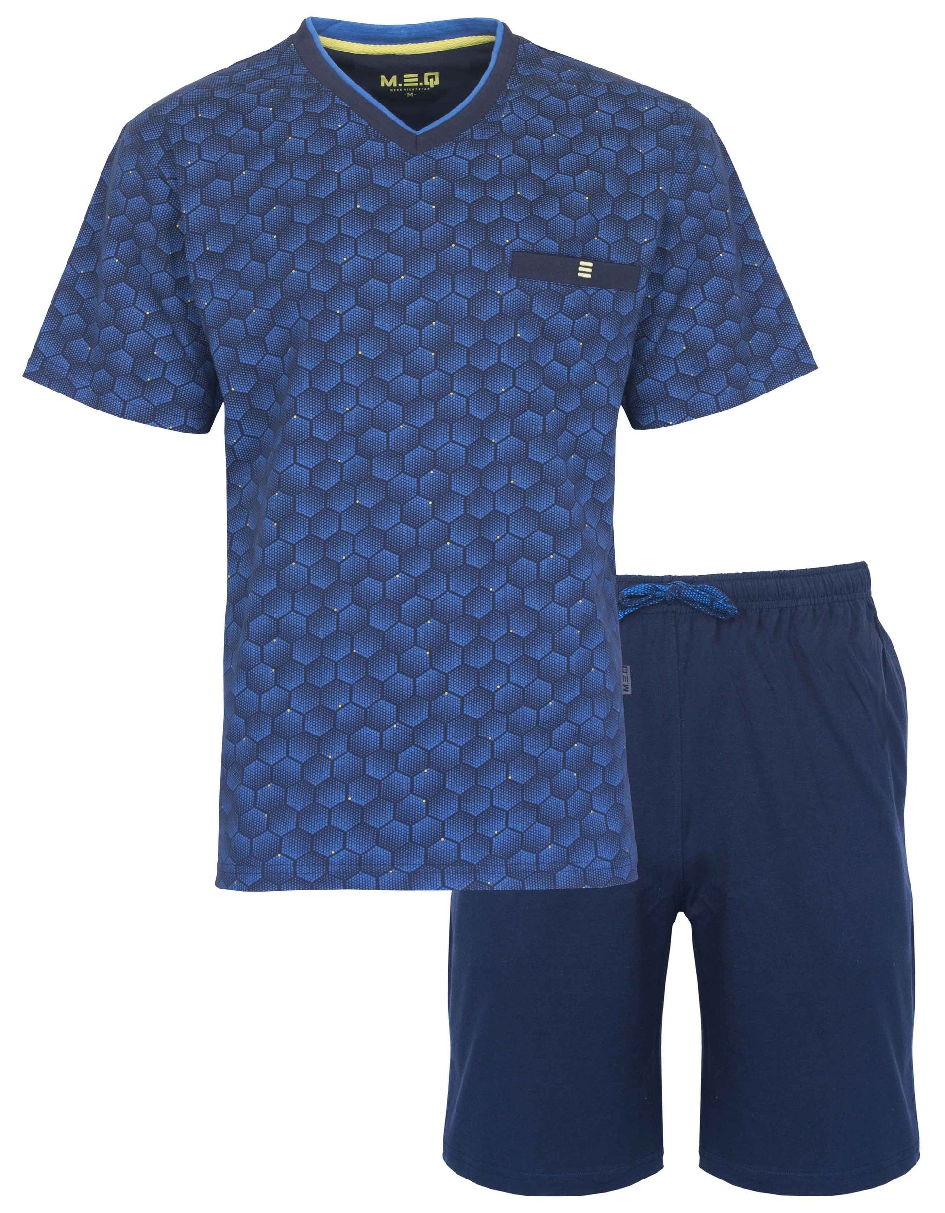 Blauwe heren shortama met hexagon patroon op shirt en effen korte broek, gemaakt van 100% katoen