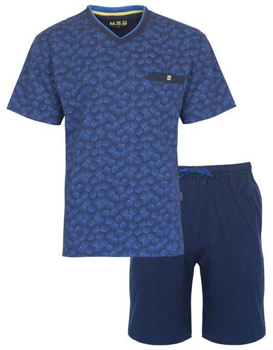 Blauwe heren shortama met hexagon patroon op shirt en effen korte broek, gemaakt van 100% katoen