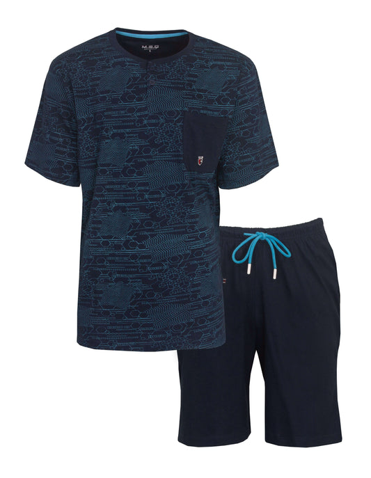 Blauwe heren shortama set met T-shirt met print en effen korte broek, beide gemaakt van 100% katoen.