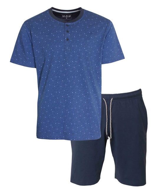 Blauwe heren shortama met gestippeld T-shirt en donkerblauwe shorts, gemaakt van 100% katoen