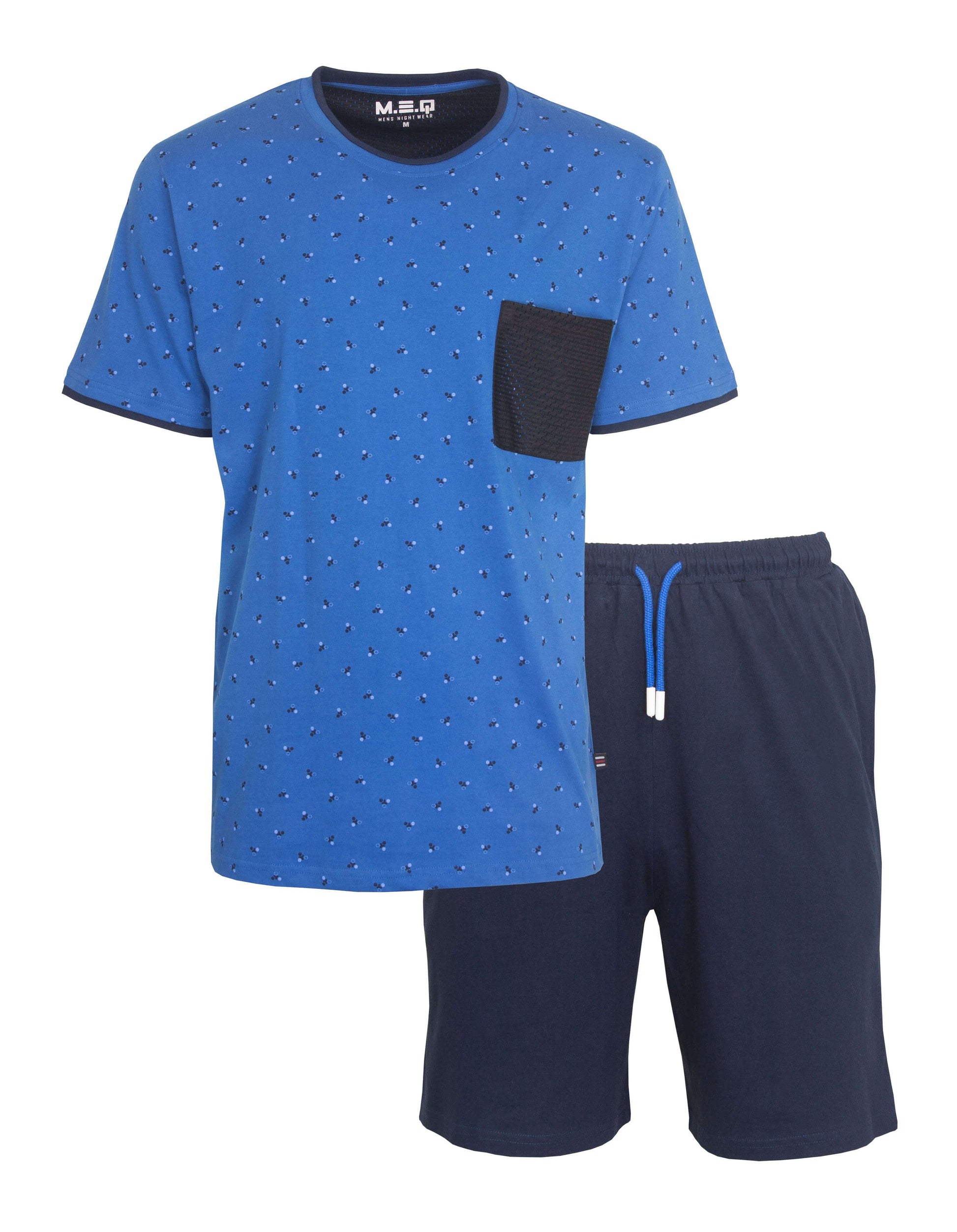 Blauwe heren shortama met bedrukt T-shirt en effen donkerblauwe shorts, gemaakt van 100% katoen