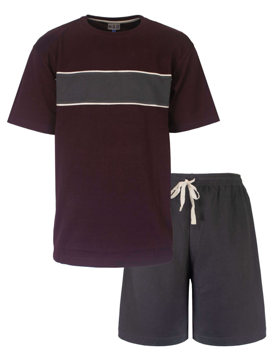Bordeauxrood T-shirt met grijze streep en grijze shorts met wit koord, gemaakt van 100% katoen interlock