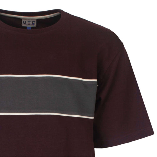 Bordeauxrood heren T-shirt met grijze horizontale streep over de borst, van het merk MEQ