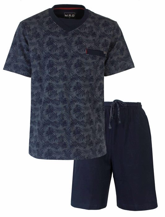 Donkerblauwe heren shortama met V-hals en bladprint. T-shirt met korte mouwen en bijpassende korte broek.