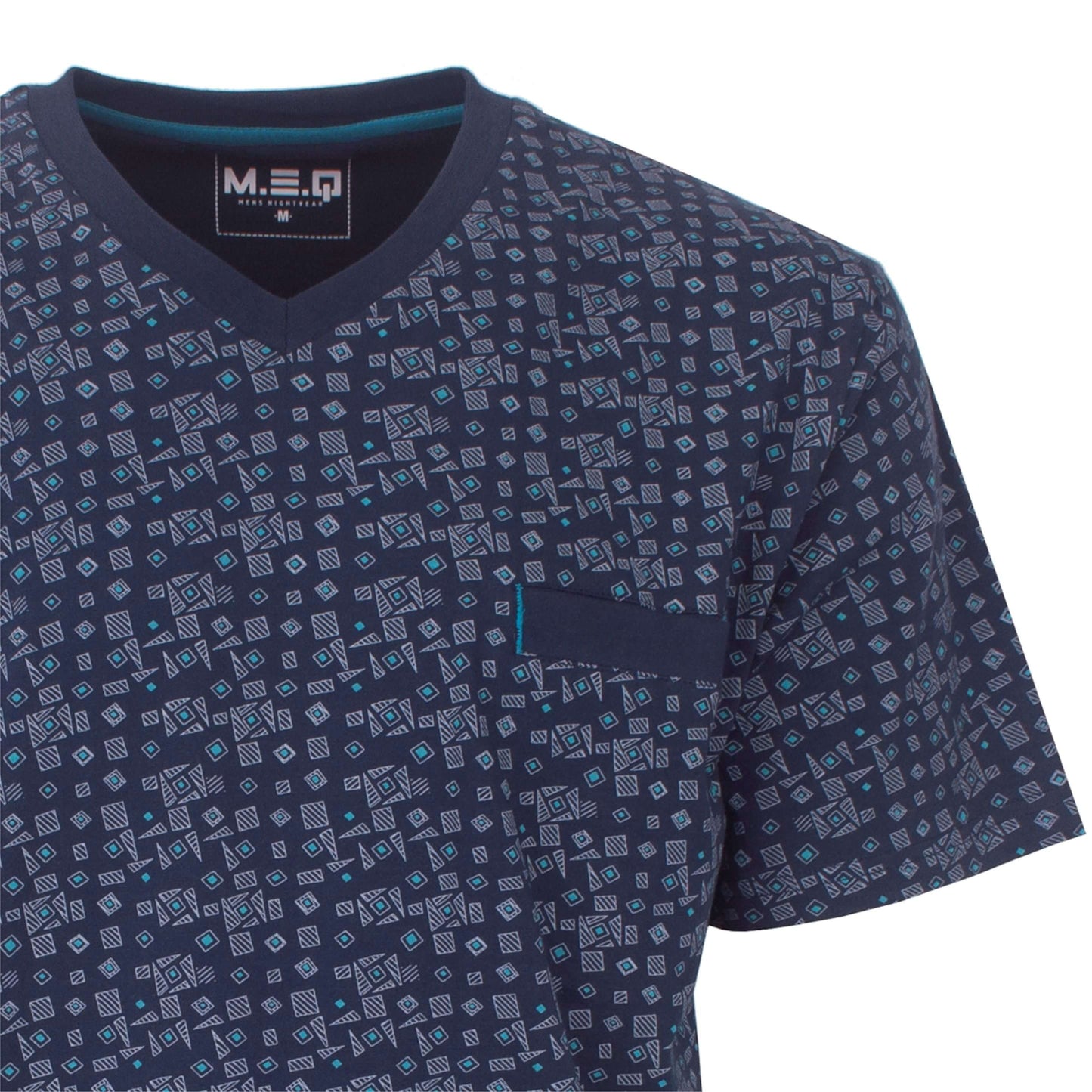 Donkerblauwe heren T-shirt met V-hals en korte mouwen, bedrukt met kleine geometrische vormen in lichtblauw en grijs.