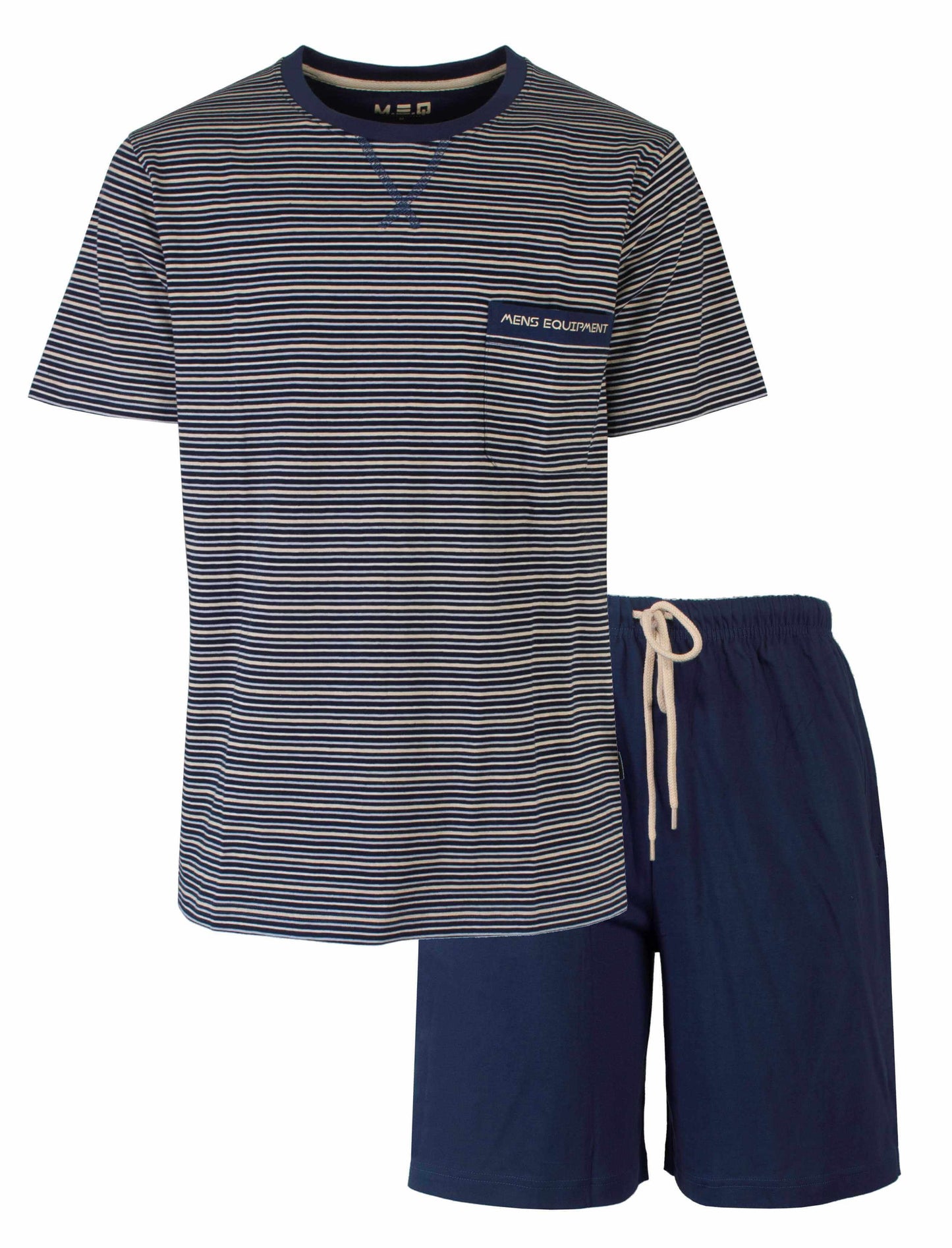 Gestreepte blauwe heren shortama met ronde hals en bijpassende effen blauwe shorts met trekkoord