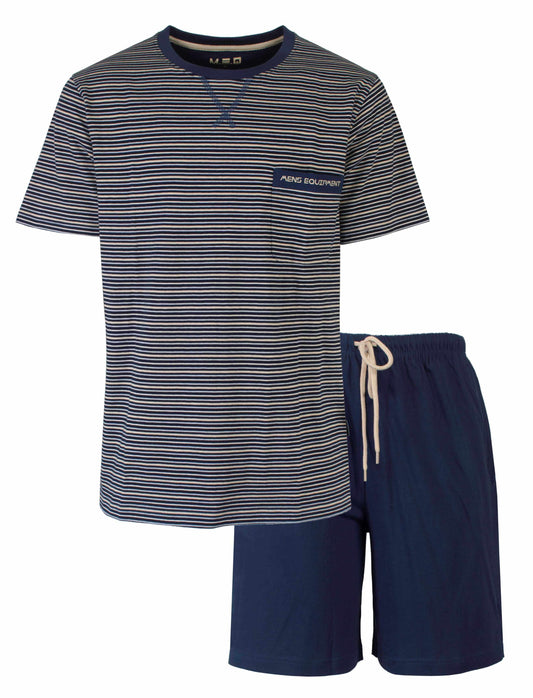 Gestreepte blauwe heren shortama met ronde hals en bijpassende effen blauwe shorts met trekkoord