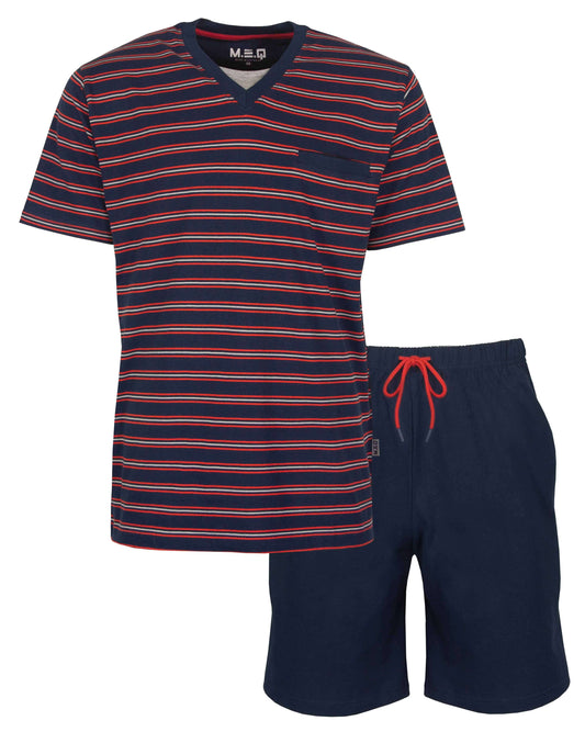 Blauw gestreepte heren pyjama set met V-hals T-shirt en effen blauwe short met rode trekkoord