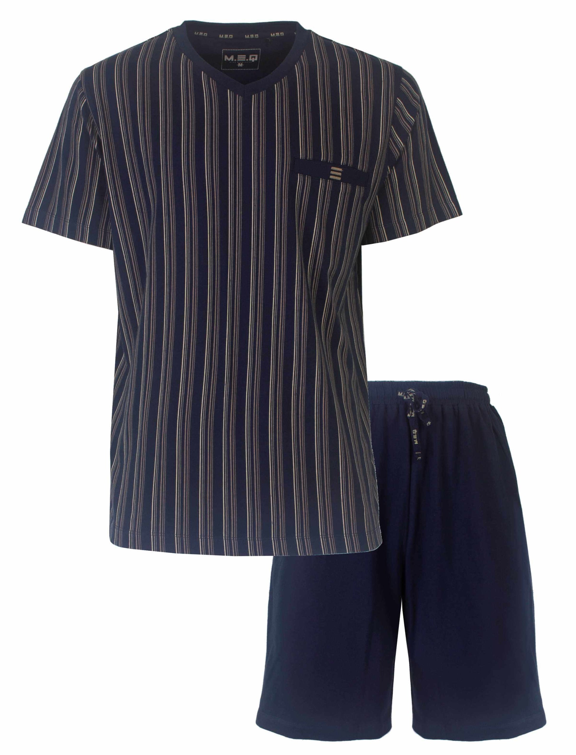 Gestreepte blauwe heren shortama set met korte mouwen en korte broek, gemaakt van 100% gekamde katoen