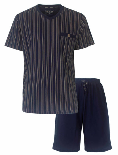 Gestreepte blauwe heren shortama set met korte mouwen en korte broek, gemaakt van 100% gekamde katoen