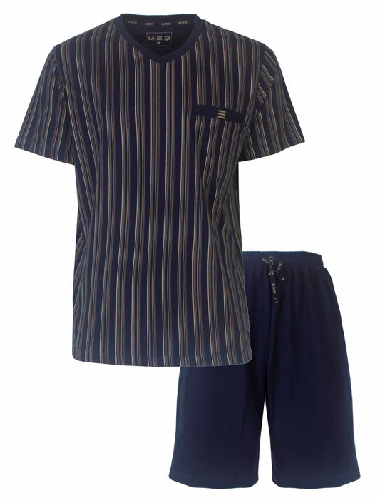 Gestreepte blauwe heren shortama set met korte mouwen en korte broek, gemaakt van 100% gekamde katoen
