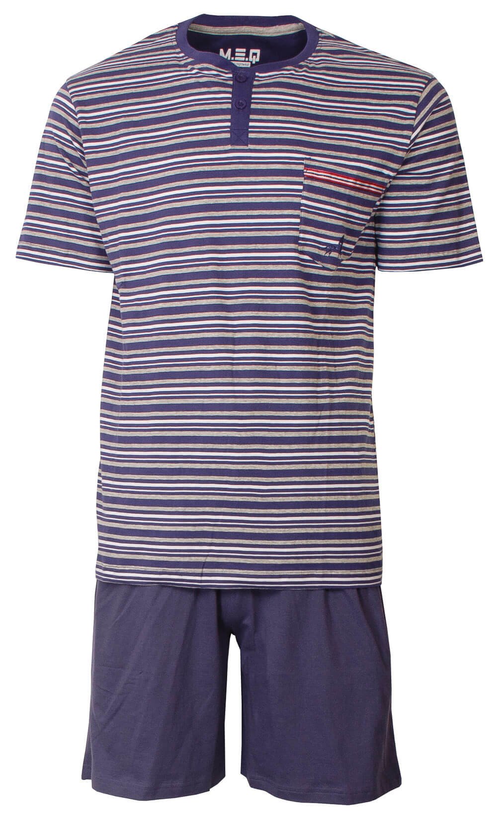 Gestreepte heren pyjama set met korte mouwen en broek. Blauw en grijs gestreept shirt met knoopsluiting en effen blauwe short.