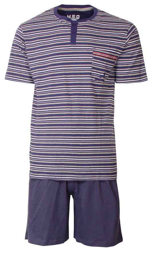 Gestreepte heren pyjama set met korte mouwen en broek. Blauw en grijs gestreept shirt met knoopsluiting en effen blauwe short.