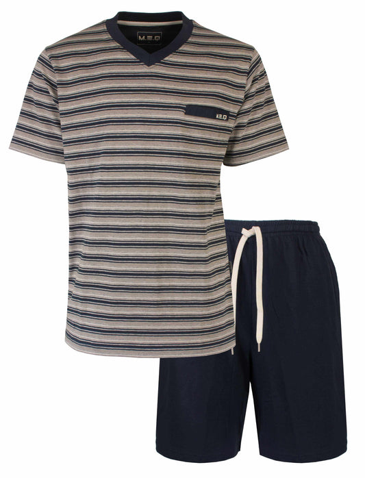 Gestreepte heren shortama met V-hals in beige en navy tinten, incluspassende donkerblauwe shorts met trekkoord