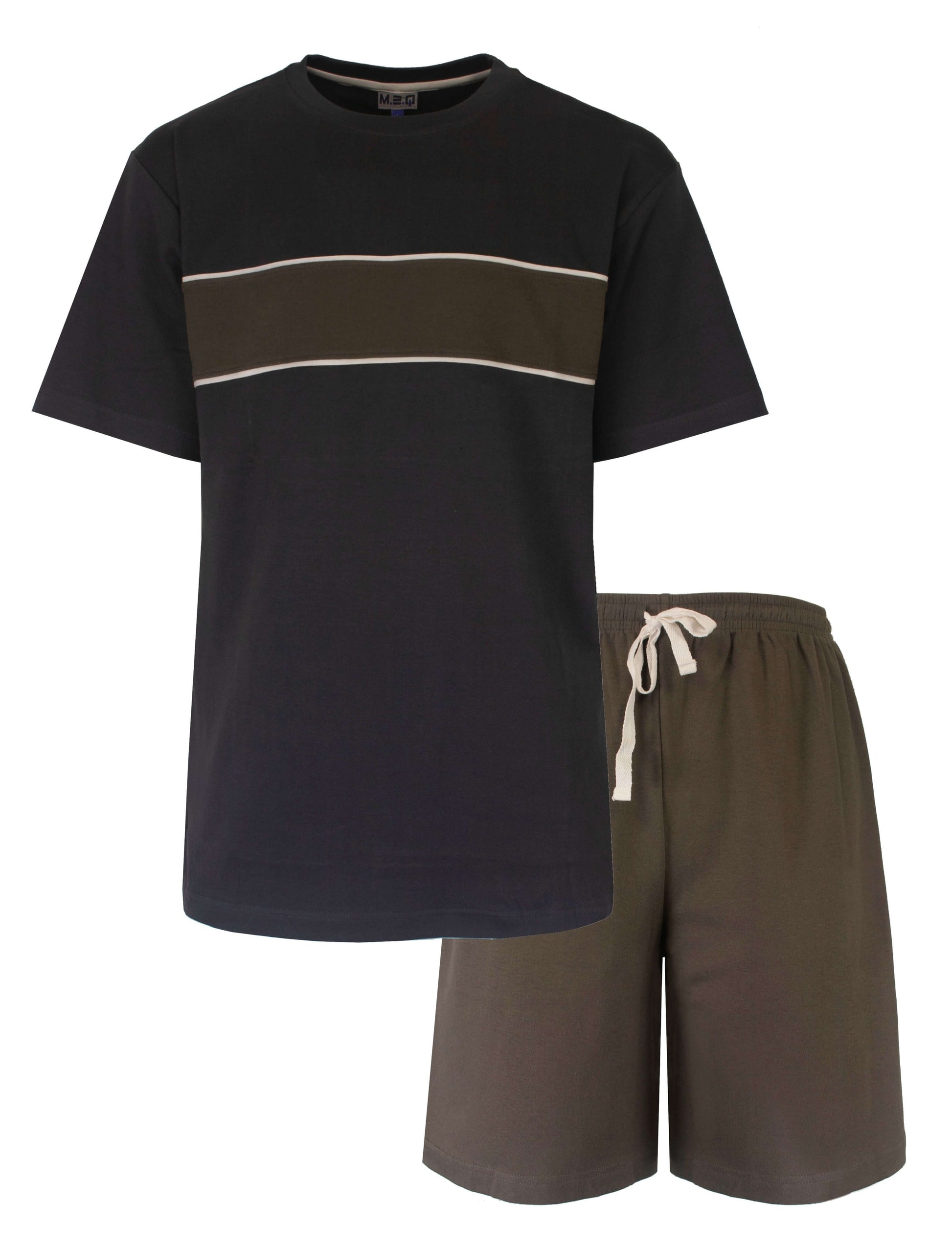 Grijze heren shortama met khaki streep op shirt en bijpassende khaki shorts met wit trekkoord