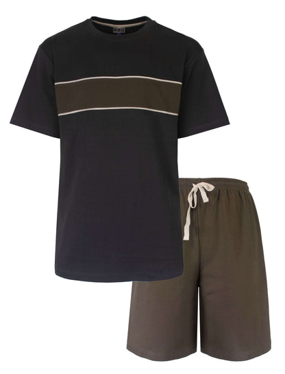 Grijze heren shortama met khaki streep op shirt en bijpassende khaki shorts met wit trekkoord