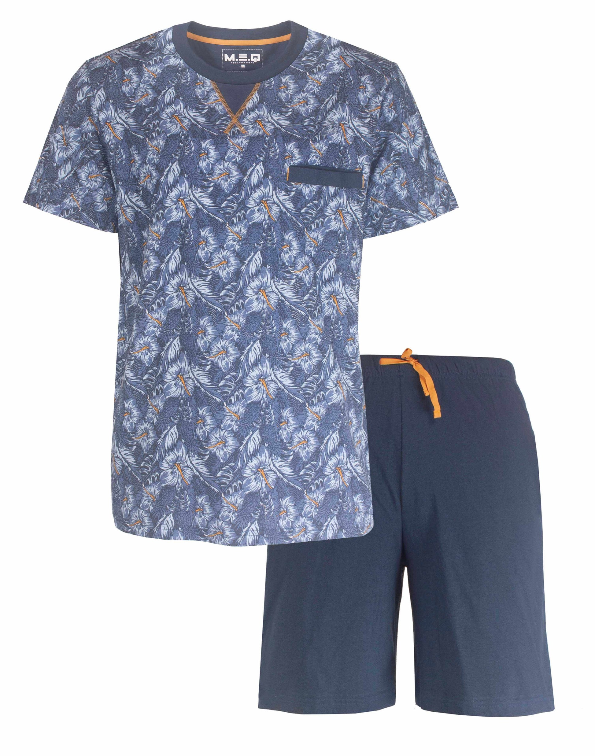 Heren shortama set met navy blauw T-shirt met bloemenprint en effen korte broek met oranje trekkoord