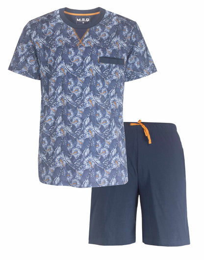 Heren shortama set met navy blauw T-shirt met bloemenprint en effen korte broek met oranje trekkoord