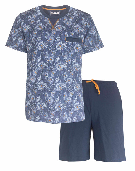 Heren shortama set met navy blauw T-shirt met bloemenprint en effen korte broek met oranje trekkoord