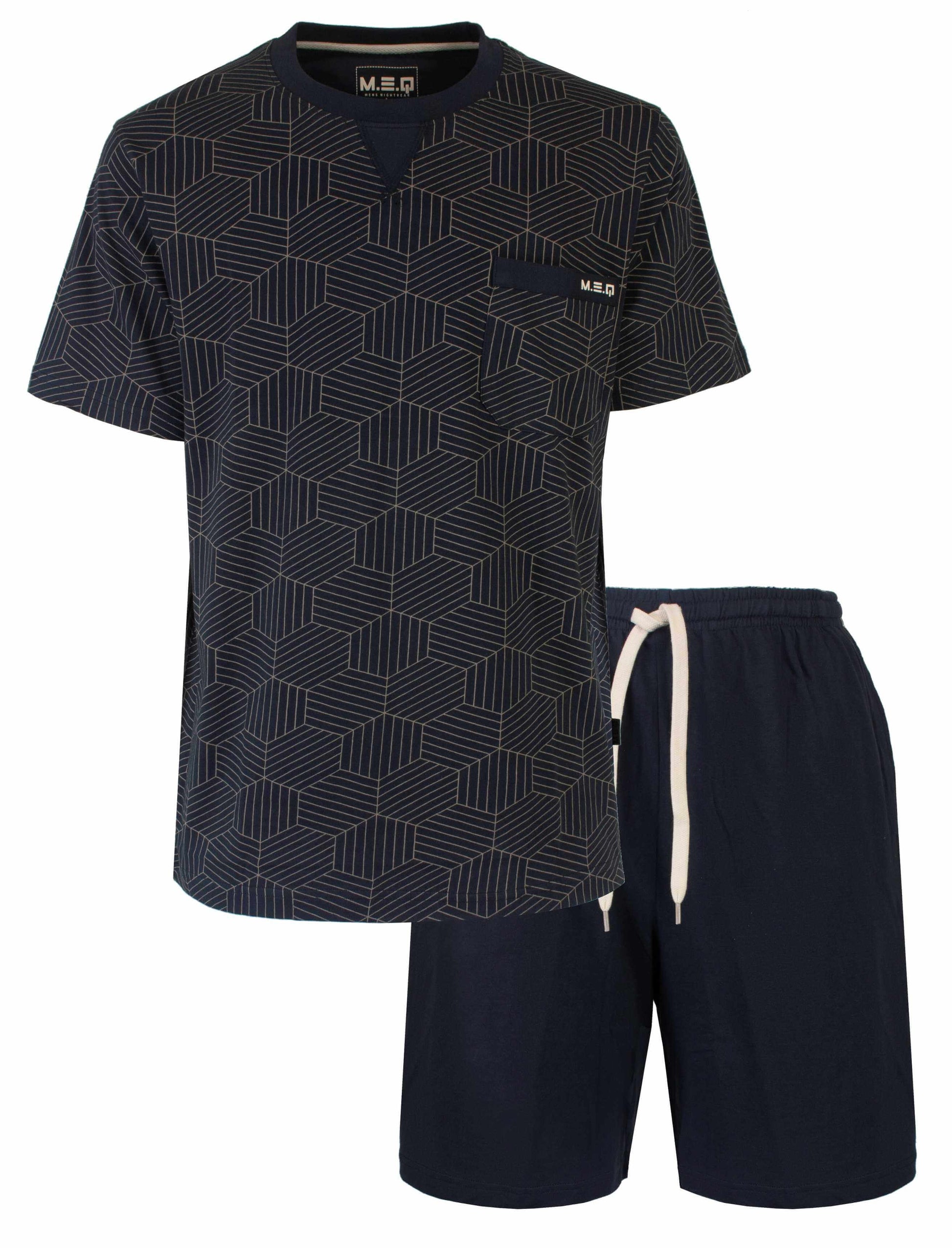Donkerblauwe heren shortama met geometrisch geprint dessin op op shirt en effen shorts met trekkoord