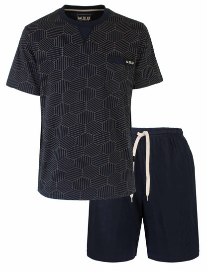 Donkerblauwe heren shortama met geometrisch geprint dessin op op shirt en effen shorts met trekkoord