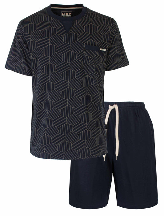 Donkerblauwe heren shortama met geometrisch geprint dessin op op shirt en effen shorts met trekkoord