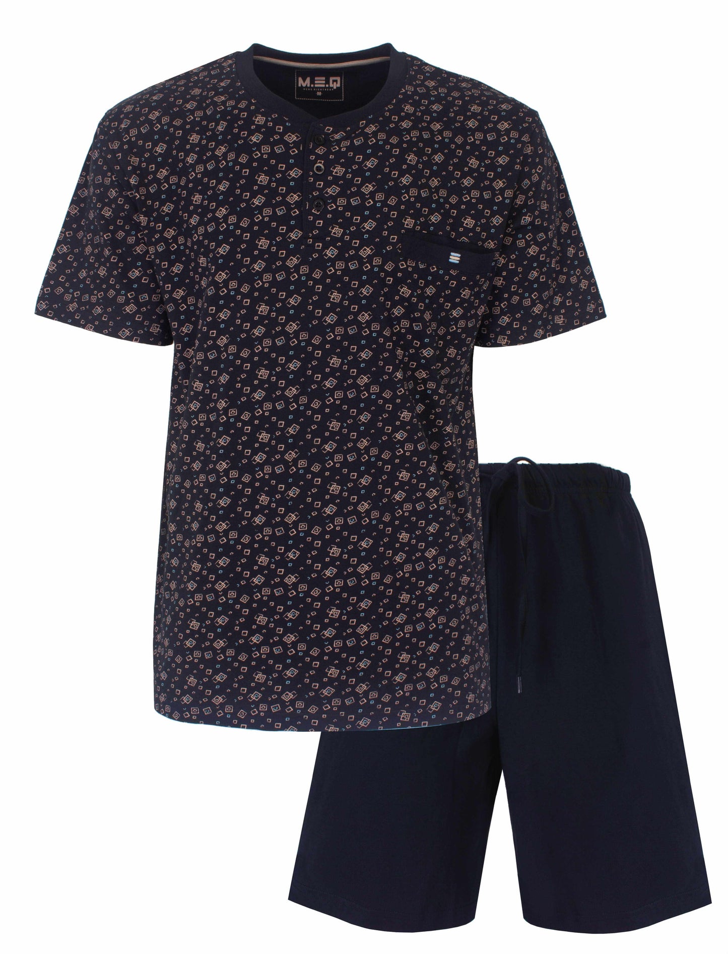 Donkerblauwe heren shortama met polo sluiting en geometrisch patroon op het shirt, effen korte broek