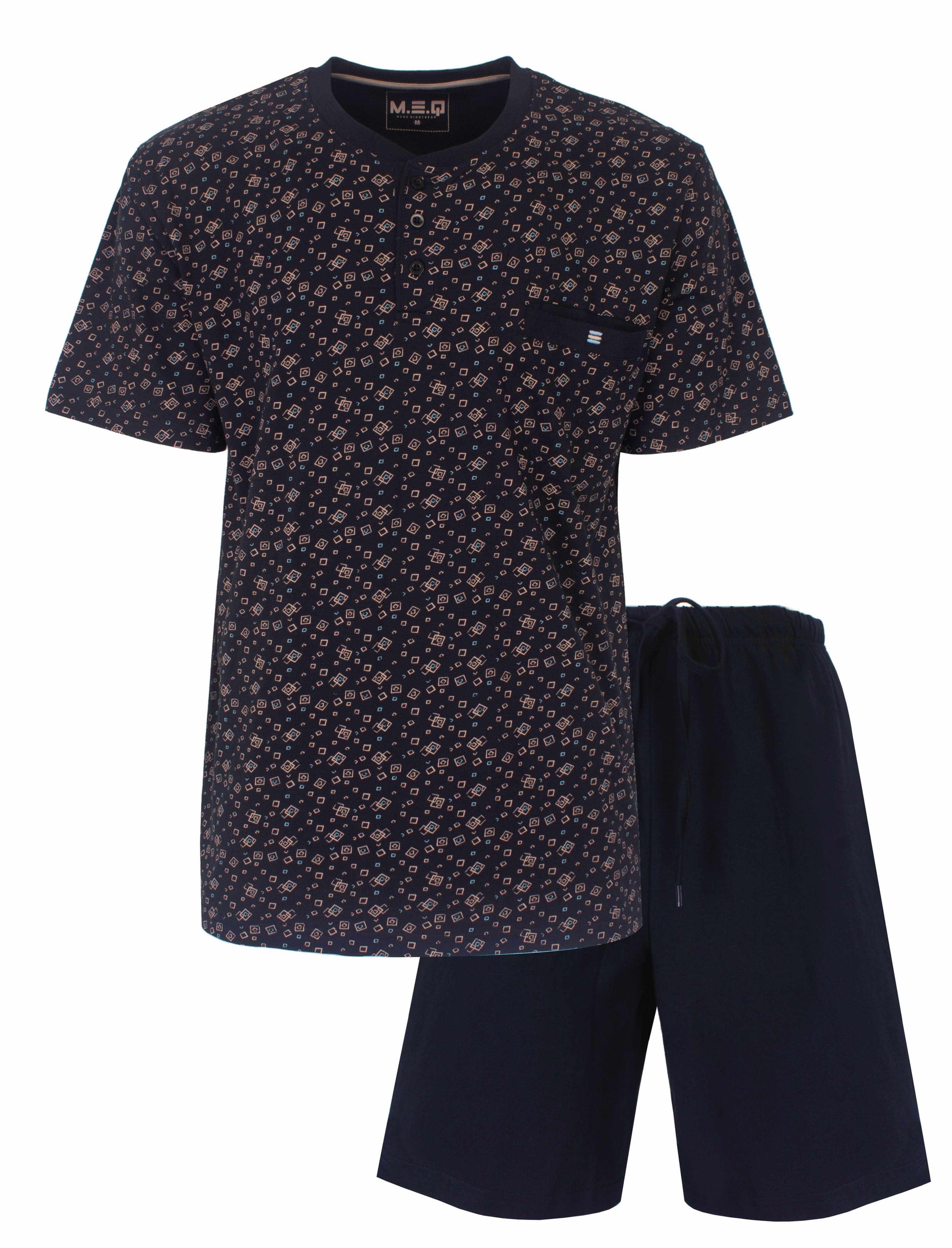 Donkerblauwe heren shortama met polo sluiting en geometrisch patroon op het shirt, effen korte broek