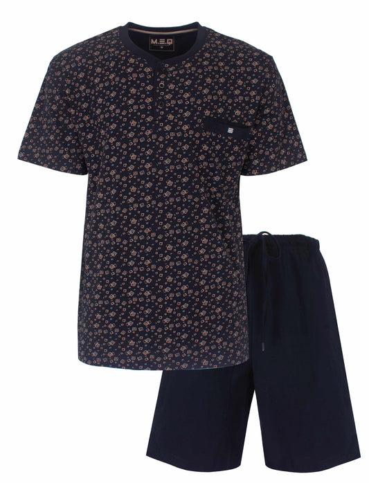 Donkerblauwe heren shortama met polo sluiting en geometrisch patroon op het shirt, effen korte broek