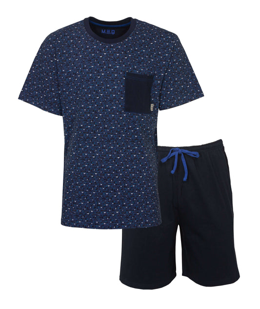 Blauwe heren pyjama set met dessin op shirt, ronde hals, korte mouwen en effen korte broek met blauw koord