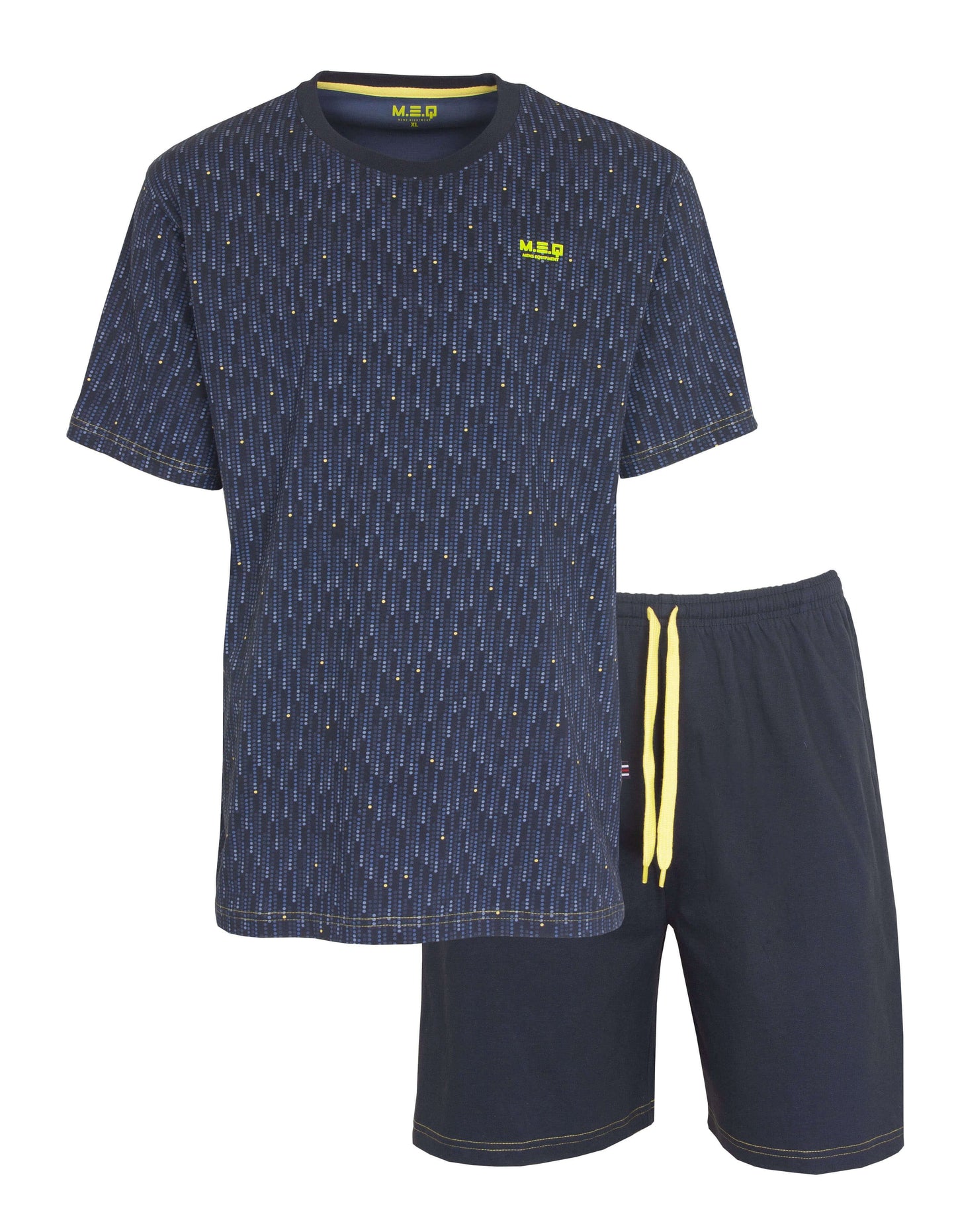 Blauwe heren pyjama set met geprint shirt en effen shorts, gele accenten op kraag en trekkoord