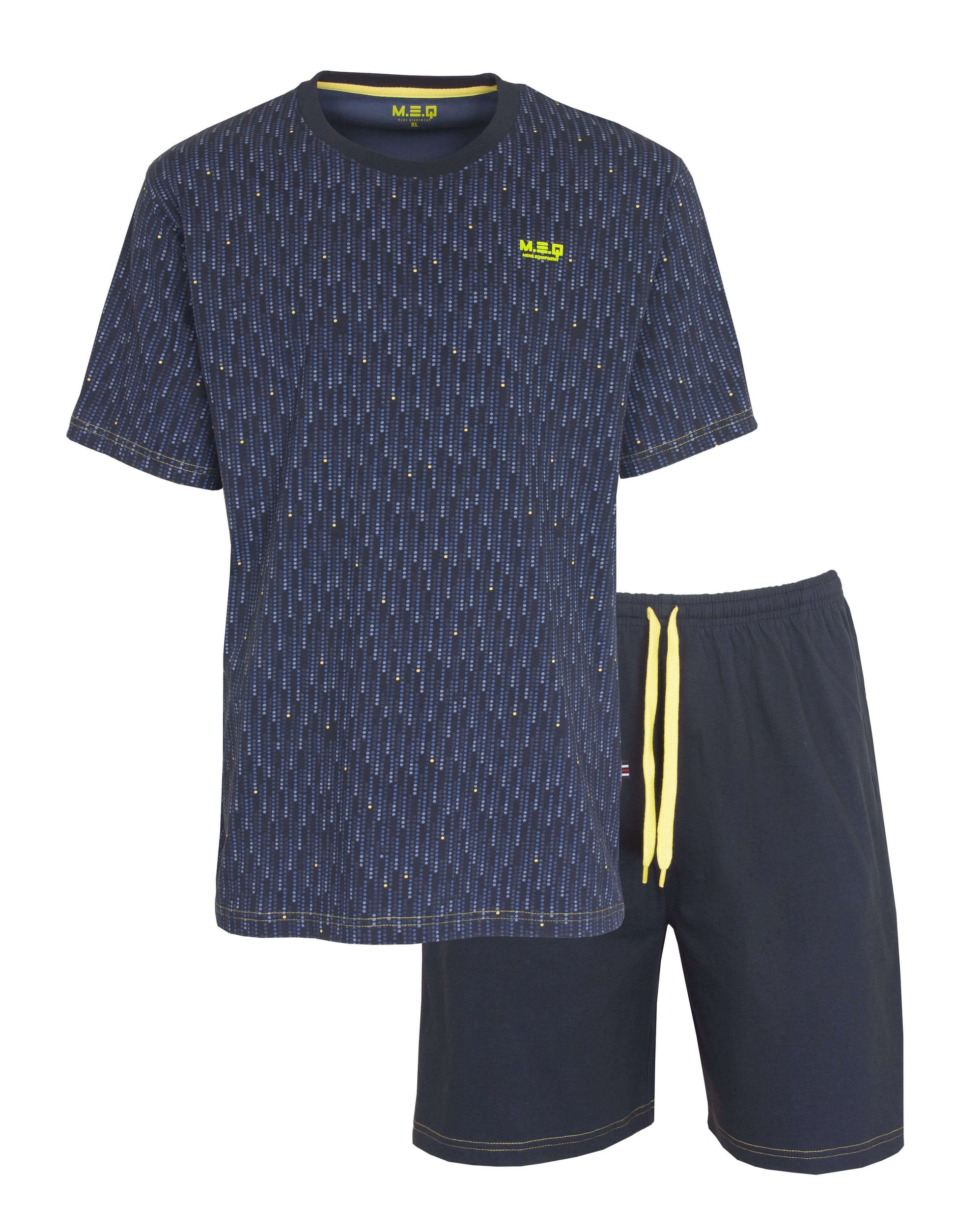 Blauwe heren pyjama set met geprint shirt en effen shorts, gele accenten op kraag en trekkoord