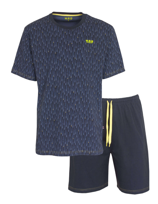 Blauwe heren pyjama set met geprint shirt en effen shorts, gele accenten op kraag en trekkoord