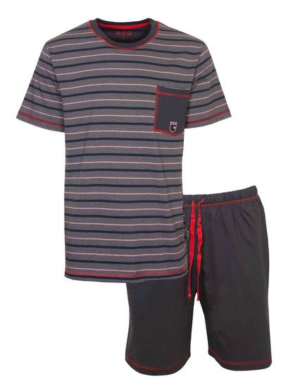 Blauw gestreepte heren shortama met korte mouwen en korte broek, rood accent en borstzakje met logo
