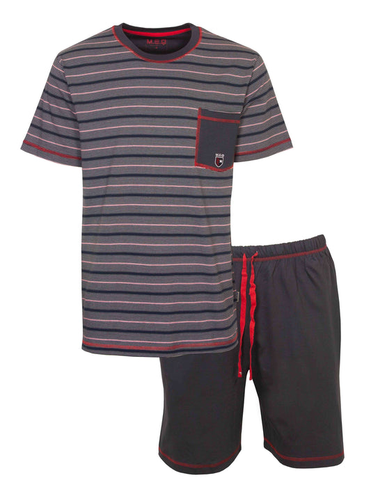 Blauw gestreepte heren shortama met korte mouwen en korte broek, rood accent en borstzakje met logo