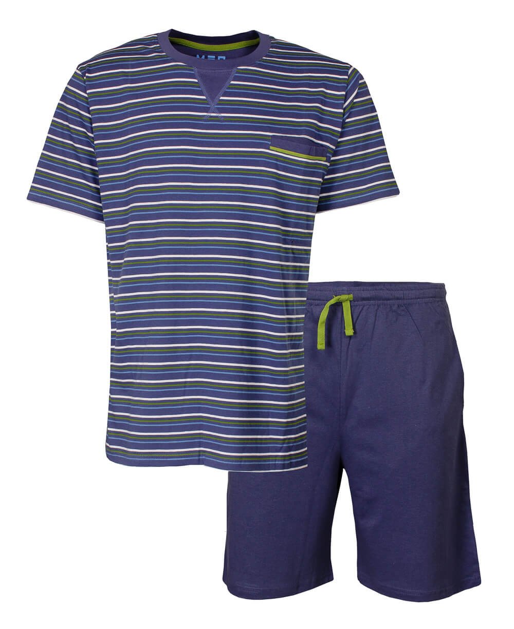 Blauwe gestreepte heren shortama set met T-shirt en korte broek, gemaakt van 100% katoen
