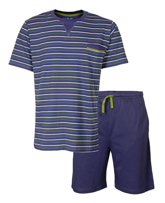 Blauwe gestreepte heren shortama set met T-shirt en korte broek, gemaakt van 100% katoen