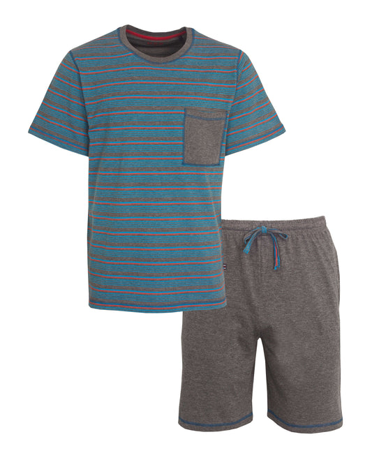 Gestreepte heren shortama set: blauw-grijs t-shirt met borstzakje en grijze shorts met blauwe accenten