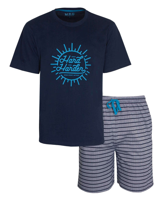 Blauwe heren shortama set met bedrukt T-shirt en gestreepte korte broek, gemaakt van 100% katoen
