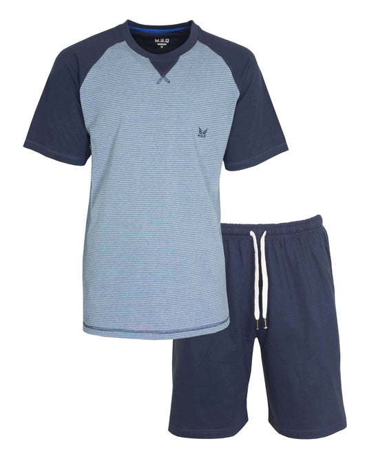 Blauwe heren shortama set met gestreept T-shirt en effen shorts, gemaakt van 100% katoen