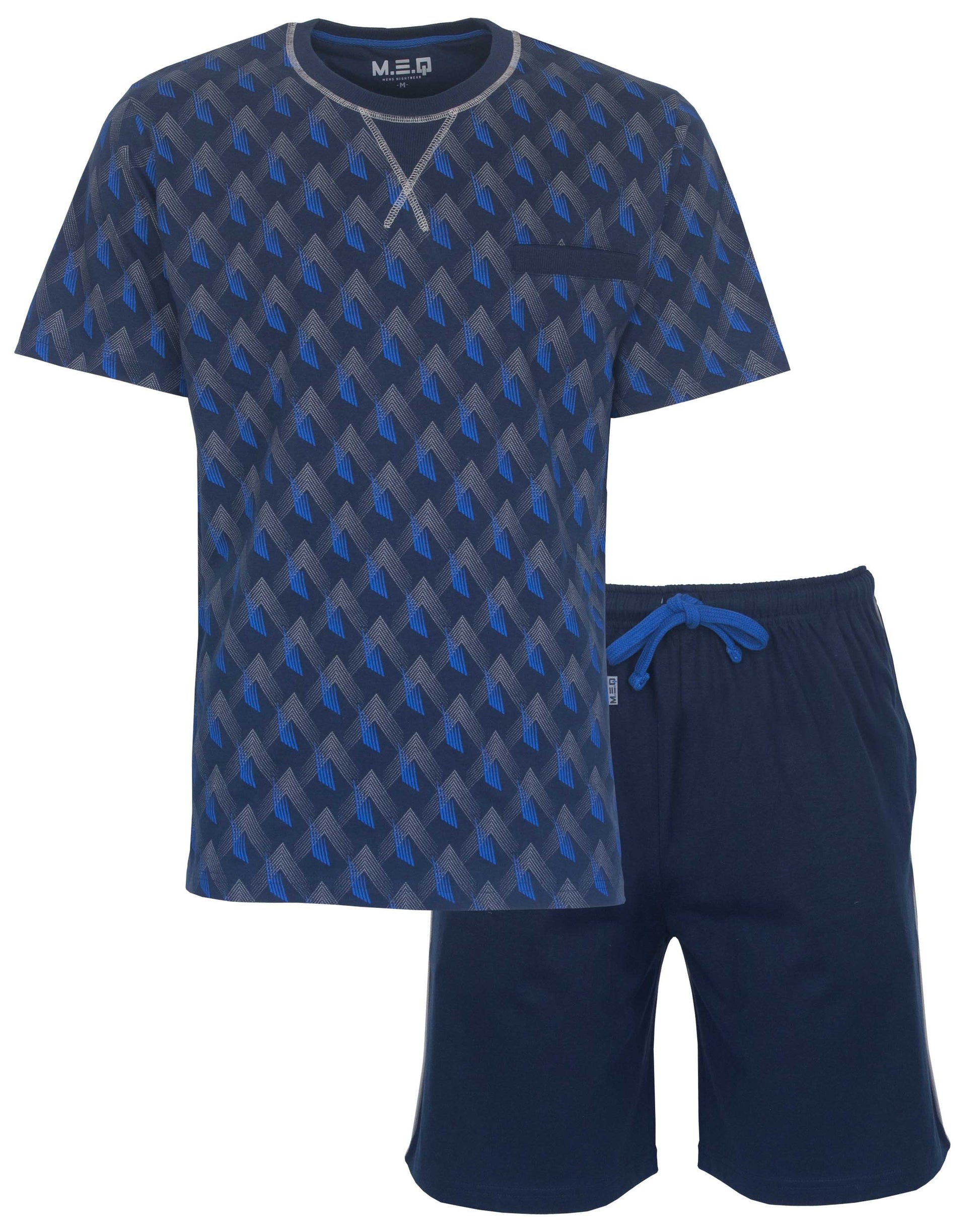 Blauwe heren shortama met geometrisch patroon op shirt en effen korte broek, gemaakt van 100% katoen