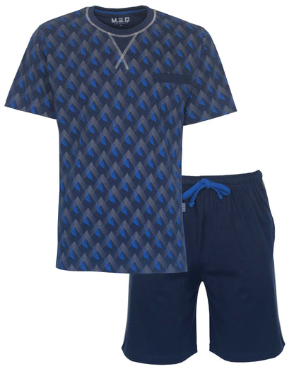 Blauwe heren shortama met geometrisch patroon op shirt en effen korte broek, gemaakt van 100% katoen