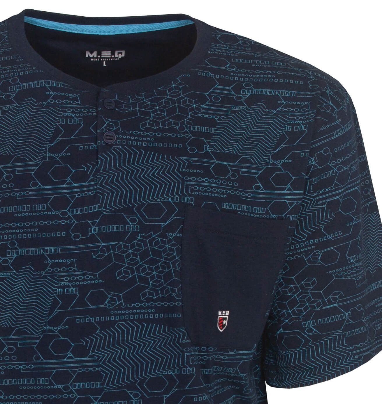 Blauwe heren shortama met lichtblauwe technische print, korte mouwen en een ronde hals. MEQ logo zichtbaar.